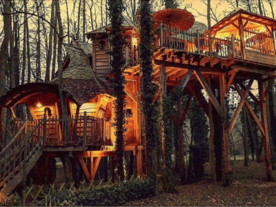 Cabane perchée en bois, illuminée, entourée darbres en Île-de-France.