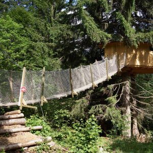 Cabane perchée dans les arbres, accessible par un pont suspendu, au cœur de la nature.