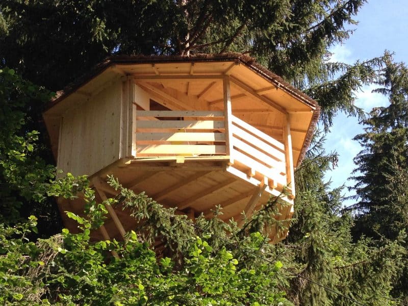 Cabane perchée en bois dans les arbres, entourée de verdure en Auvergne-Rhône-Alpes.