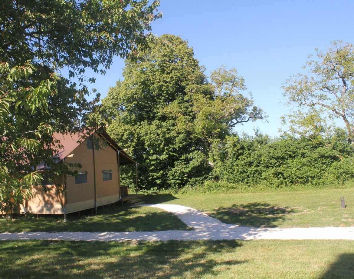 Hébergement insolite : tente safari en pleine nature, entourée darbres verdoyants.