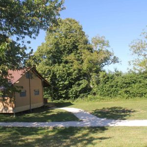 Hébergement insolite : tente safari en pleine nature, entourée darbres verdoyants.