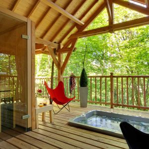 Cabane en bois avec sauna et jacuzzi, entourée de verdure apaisante.