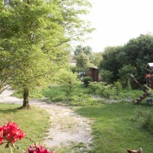 Hébergement insolite en cabane, entouré de verdure et de fleurs colorées.