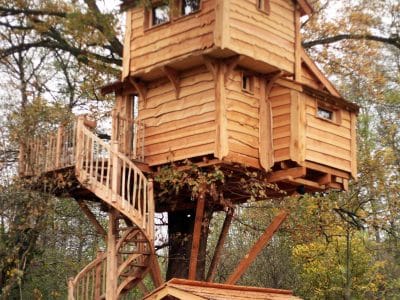 Cabane dans les arbres en bois, perchée au milieu dune forêt verdoyante.