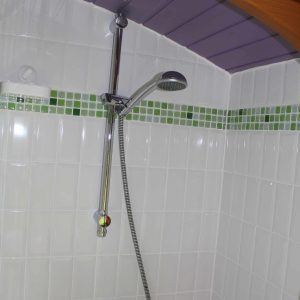Douche moderne dans un hébergement insolite en Centre, avec un plafond violet.