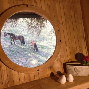 Cabane en bois en Bourgogne avec vue sur des chevaux à travers une fenêtre ronde.
