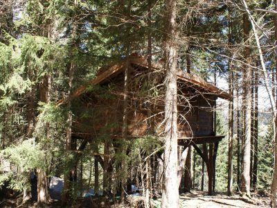 Cabane perchée en bois, nichée parmi les arbres en Auvergne-Rhône-Alpes.