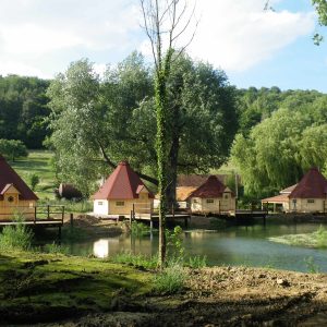 Hébergement insolite en cabanes sur pilotis, entouré de verdure et dun étang paisible.