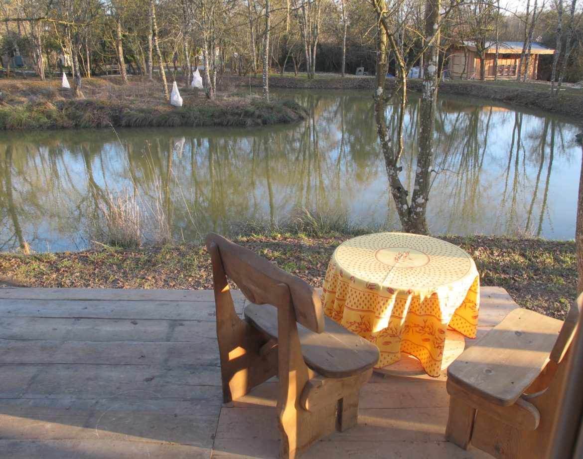 Hébergement insolite en Champagne-Ardenne, avec terrasse surplombant un étang paisible.