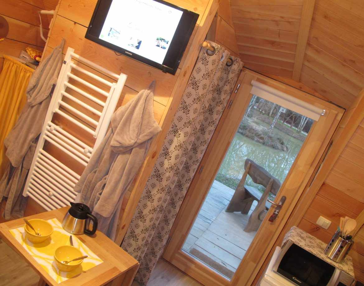 Hébergement insolite en bois à Champagne-Ardenne, avec vue sur un étang et décor chaleureux.