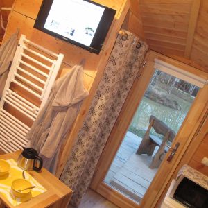 Hébergement insolite en bois à Champagne-Ardenne, avec vue sur un étang et décor chaleureux.