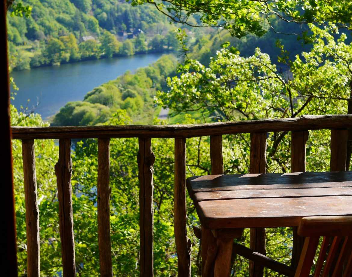 Cabane perchée dans les arbres avec vue panoramique sur la rivière et la verdure environnante.