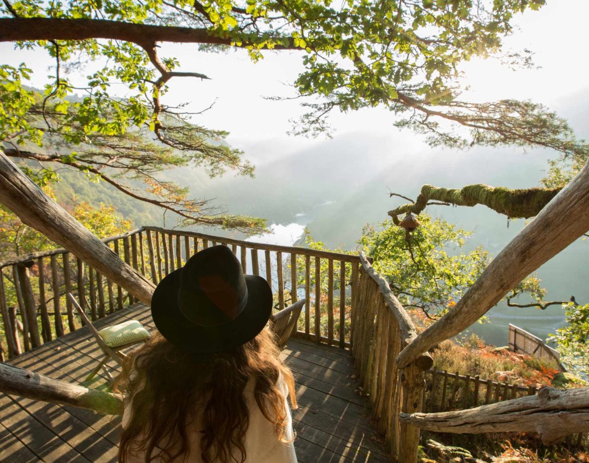 Cabane perchée dans les arbres, vue panoramique sur la vallée verdoyante.
