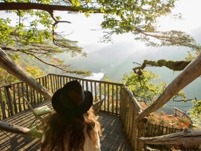 Cabane perchée dans les arbres, vue panoramique sur la vallée verdoyante.