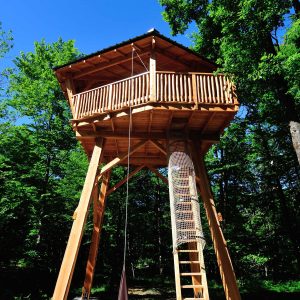 Cabane perchée en bois, entourée darbres, offrant une vue imprenable sur la nature.