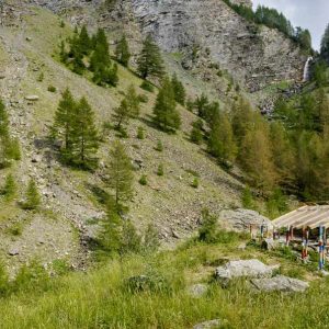 Hébergement insolite en pleine nature, cabane en bois entourée de montagnes verdoyantes.