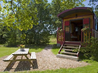Charmante roulotte colorée avec terrasse et table en bois, entourée de verdure.