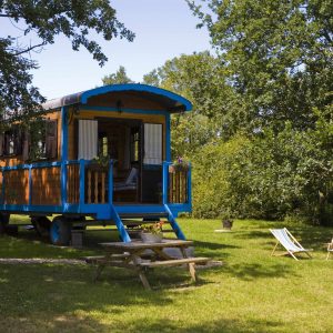 Charmante roulotte colorée entourée de verdure, avec chaises longues et table en bois.