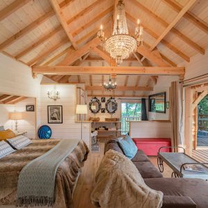 Chalet en bois élégant avec un lustre, offrant une vue sur la nature en Aquitaine.
