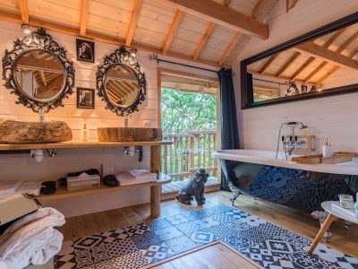 Hébergement insolite en Aquitaine : chalet en bois avec baignoire vintage et décor élégant.