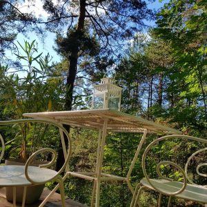 Hébergement insolite en cabane, avec une terrasse et vue sur la forêt verdoyante.