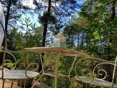 Hébergement insolite en cabane, avec une terrasse et vue sur la forêt verdoyante.