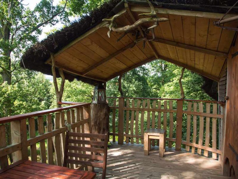 Cabane dans les arbres avec terrasse en bois et vue sur la nature verdoyante.