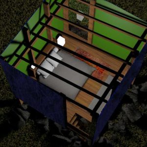 Hébergement insolite en cube avec toit ouvert, situé en pleine nature.