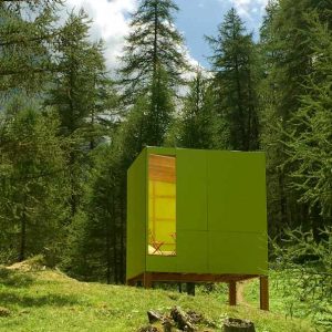 Cabane moderne verte en bois, nichée dans une forêt de Provence-Alpes-Côte dAzur.