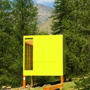 Cabane moderne jaune, nichée parmi les sapins en Provence-Alpes-Côte dAzur.