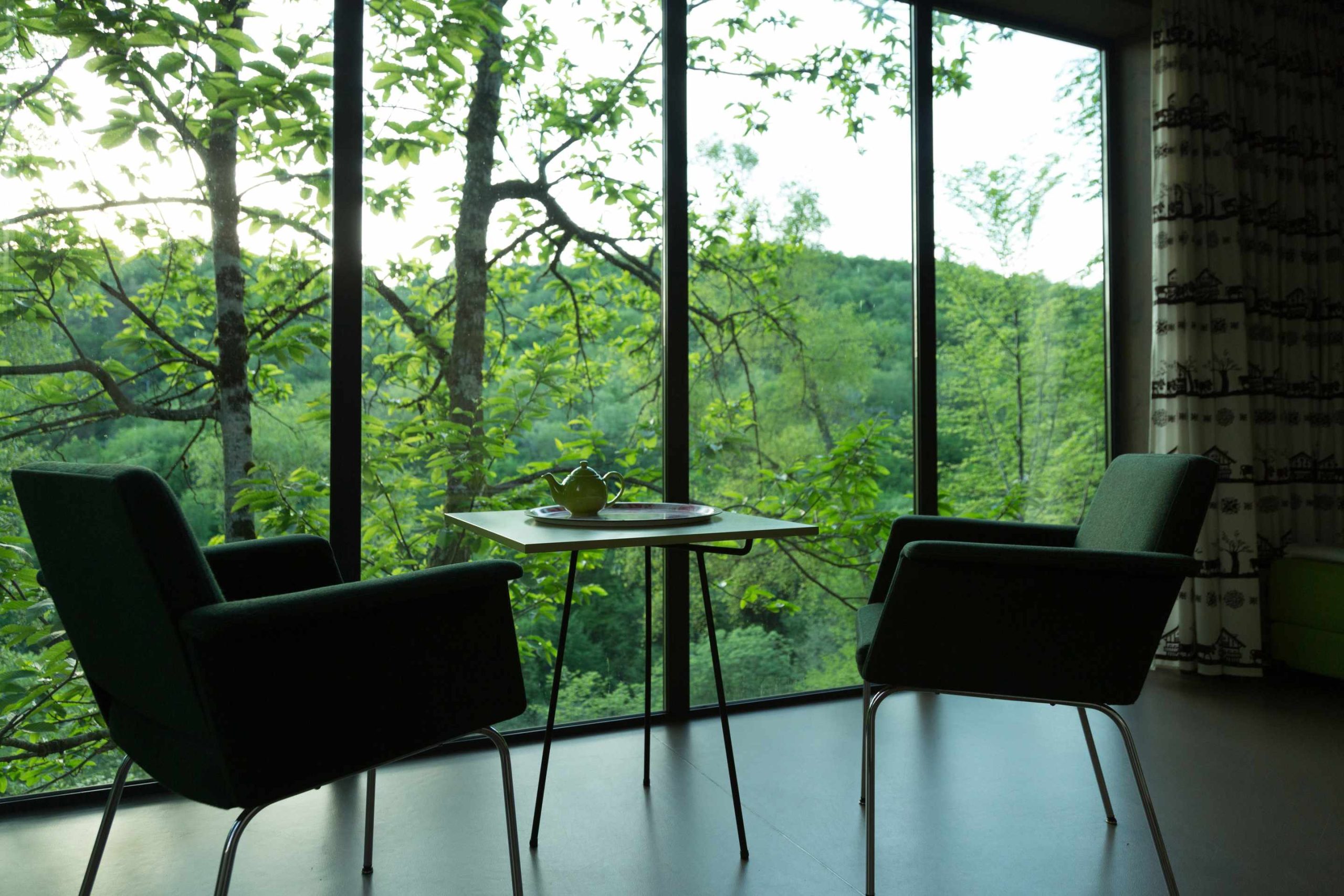 E98A0499 Hébergement insolite en Limousin : deux fauteuils modernes avec vue sur la nature verdoyante.