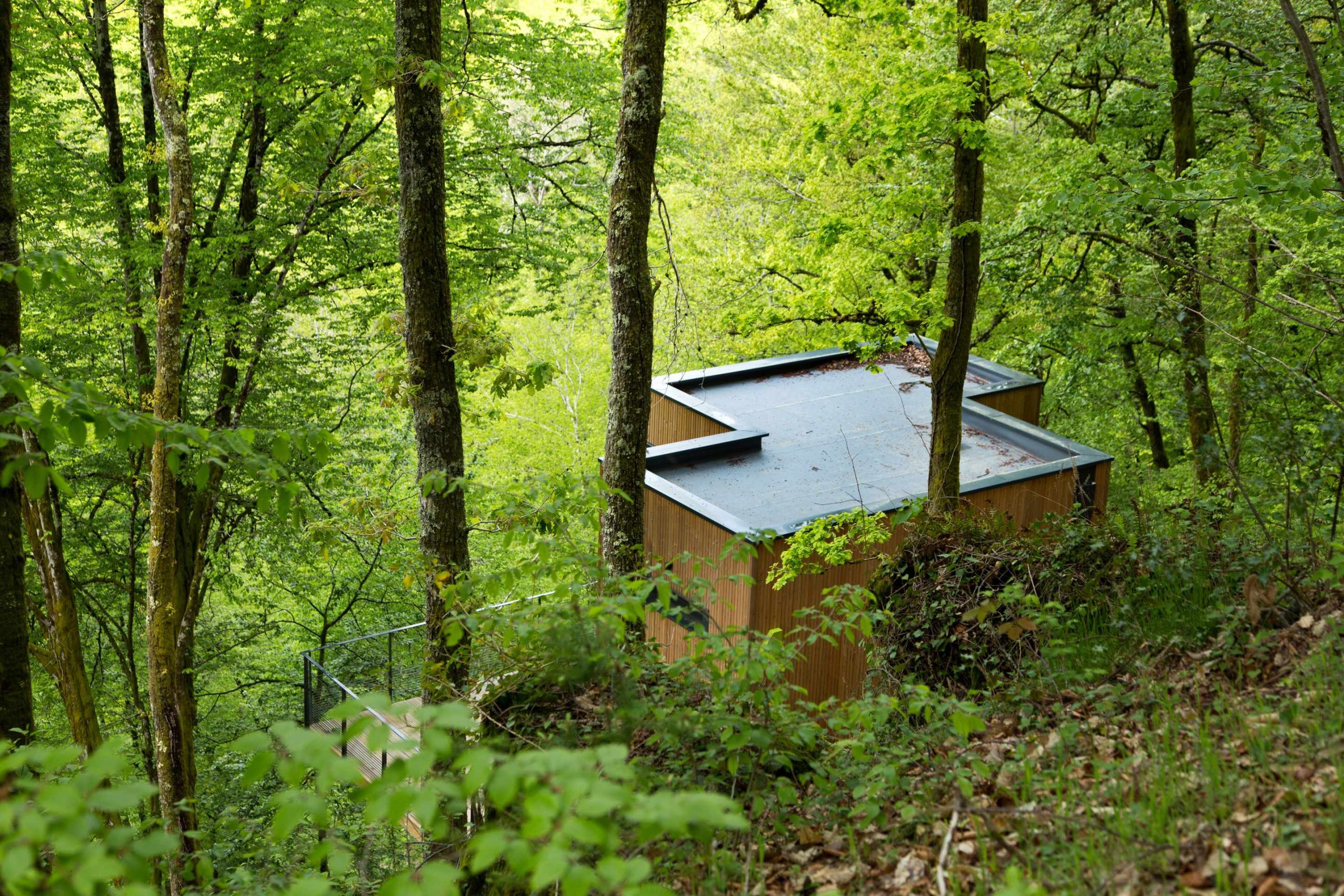 E98A7378 Cabane perchée en bois, entourée darbres verdoyants dans le Limousin.