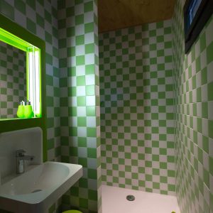 Salle de bain moderne dun hébergement insolite à Limousin, carrelage vert à damier.
