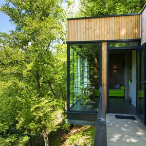 Cabane moderne en bois avec vue sur la forêt verdoyante du Limousin.