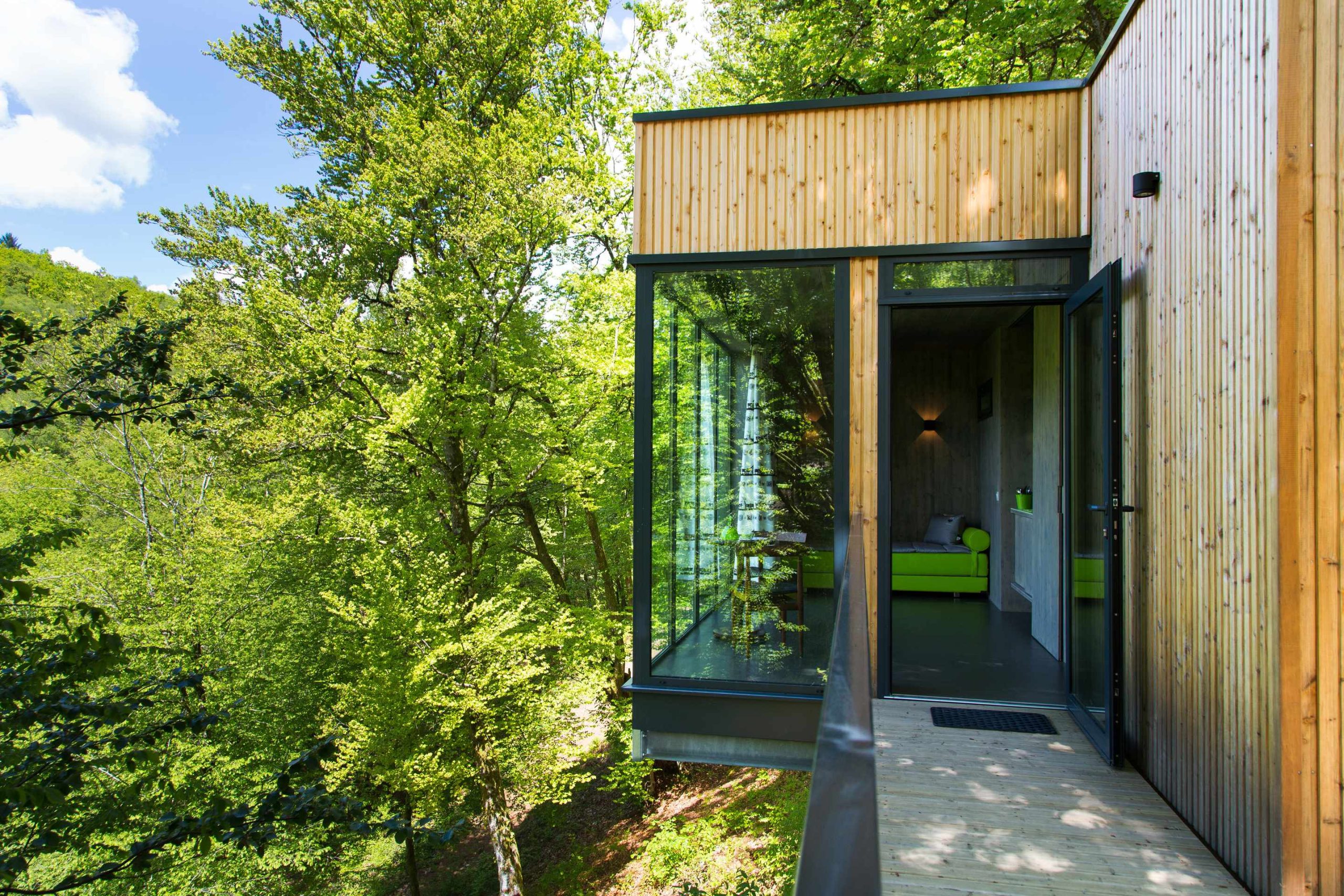 E98A7855 Cabane moderne en bois avec grande baie vitrée, entourée de verdure à Limousin.