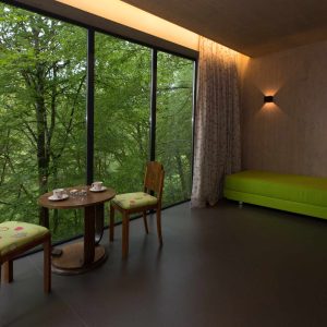 Hébergement insolite à Limousin : intérieur moderne avec vue sur la forêt et mobilier coloré.