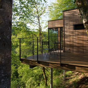 Cabane moderne en bois sur pilotis, entourée de verdure luxuriante à Limousin.