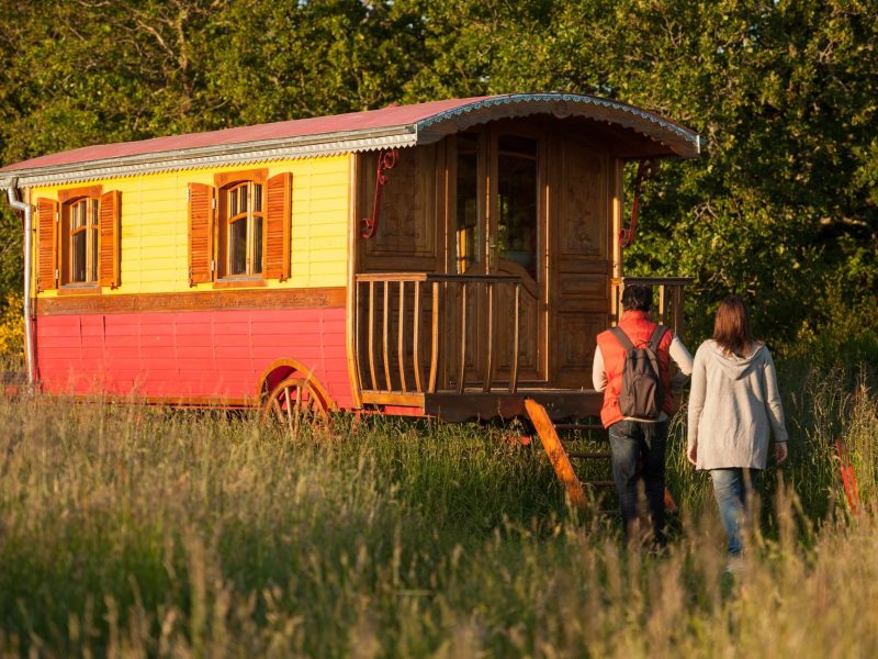 Roulotte colorée en Bretagne, entourée de verdure, idéale pour un séjour romantique.