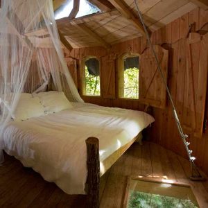 Cabane dans les arbres en Nouvelle-Aquitaine avec lit suspendu et vue sur la nature.