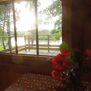 Cabane sur pilotis en Aquitaine, vue sur le lac et fleurs sur la table.