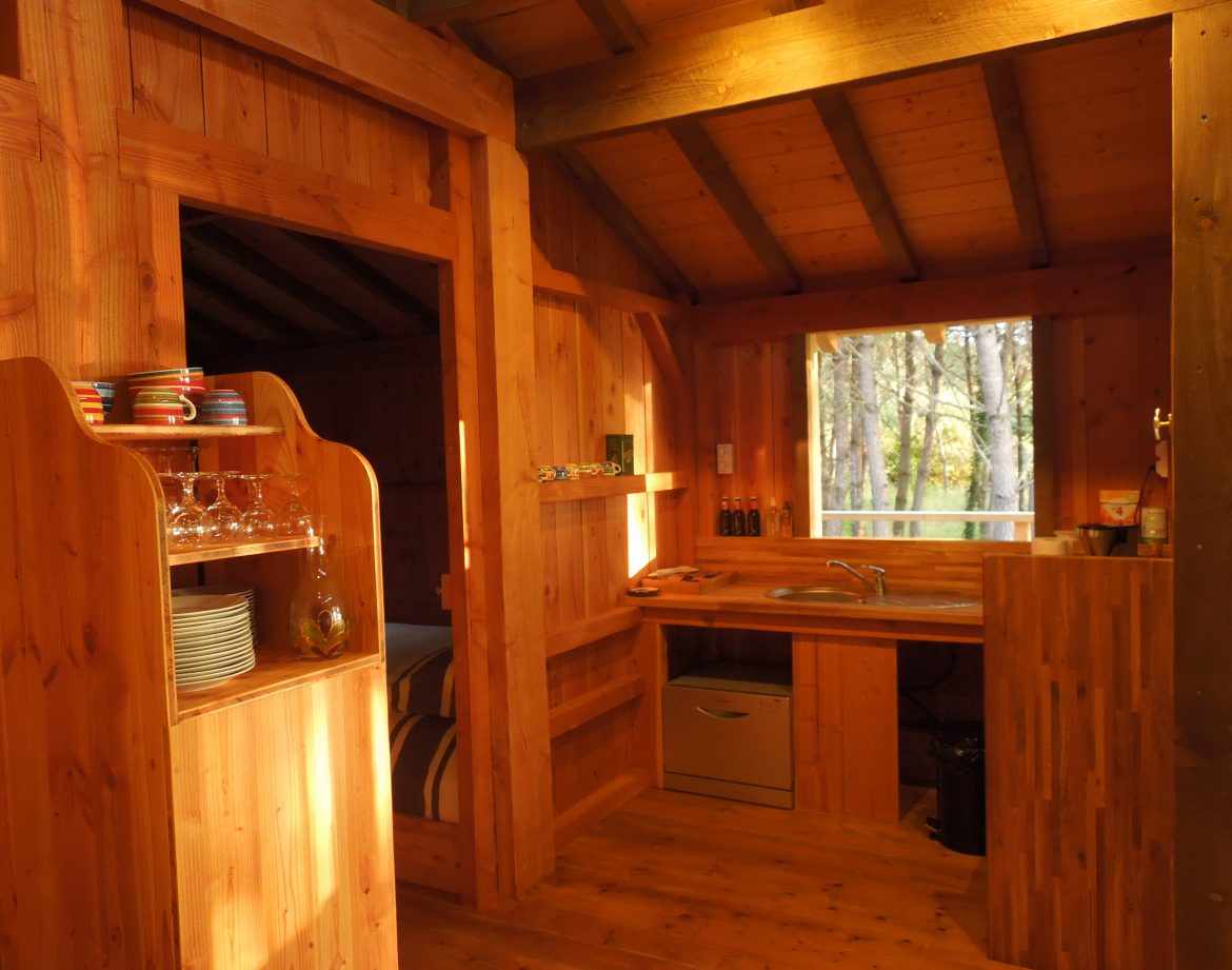 Cabane en bois chaleureuse en Aquitaine, avec cuisine ouverte et vue sur la forêt.