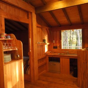 Cabane en bois chaleureuse en Aquitaine, avec cuisine ouverte et vue sur la forêt.