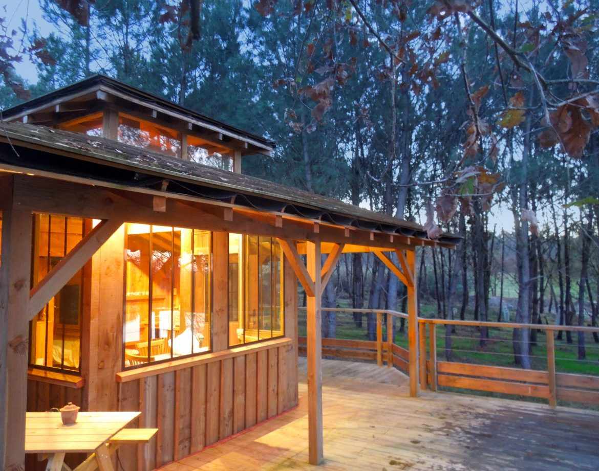 Cabane en bois lumineuse, entourée de forêt, offrant une vue paisible en Aquitaine.