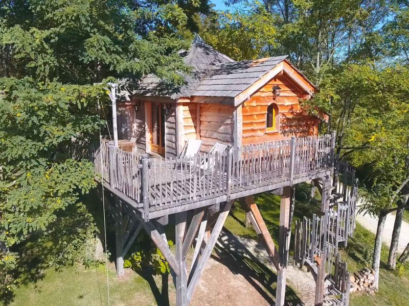Cabane perchée en bois, entourée darbres, offrant une vue imprenable sur la nature.
