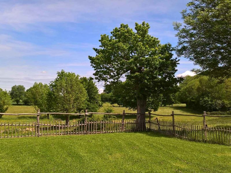 Gîte rural avec vue sur un vaste jardin verdoyant et des arbres majestueux.