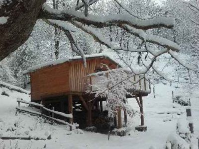 Cabane en bois sur pilotis, entourée de neige et darbres enneigés.