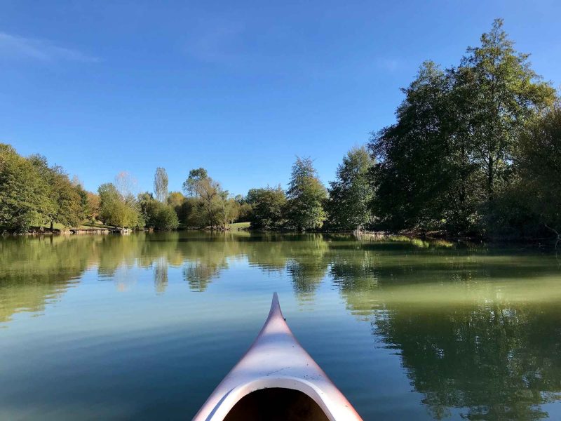 Canoë sur un lac paisible, entouré darbres verdoyants et ciel bleu.