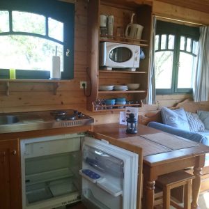 Cabane en bois avec cuisine équipée et lumière naturelle, idéale pour un séjour unique.