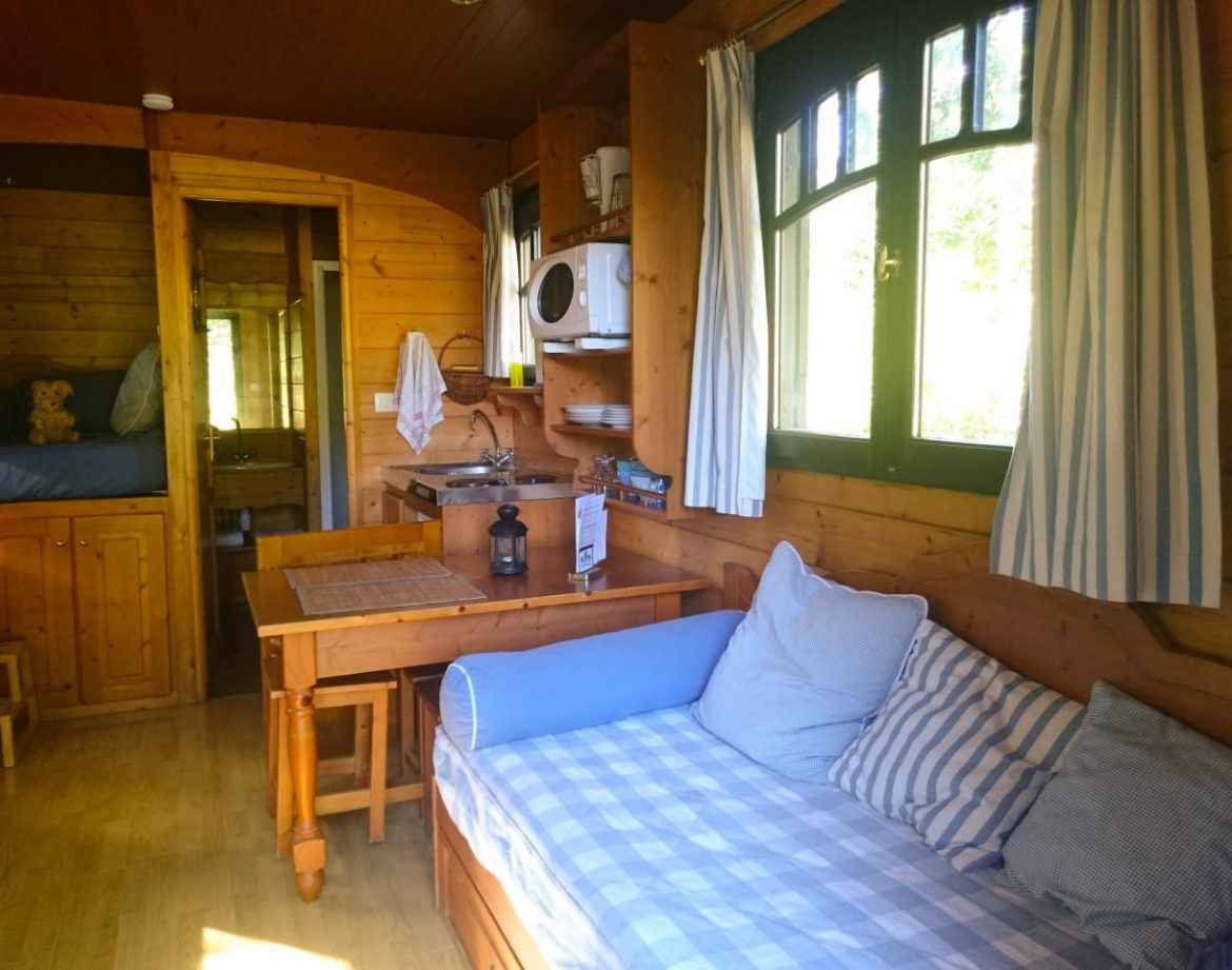 Cabane en bois cosy avec cuisine équipée et coin salon lumineux.