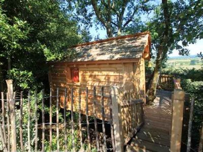 Cabane perchée en bois, entourée darbres, avec une vue dégagée sur la nature.